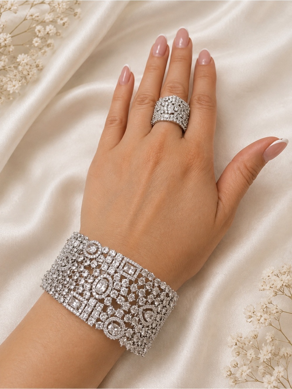 Luxury Cubic Zirconia Wide Cuff Bracelet & Statement Ring Set